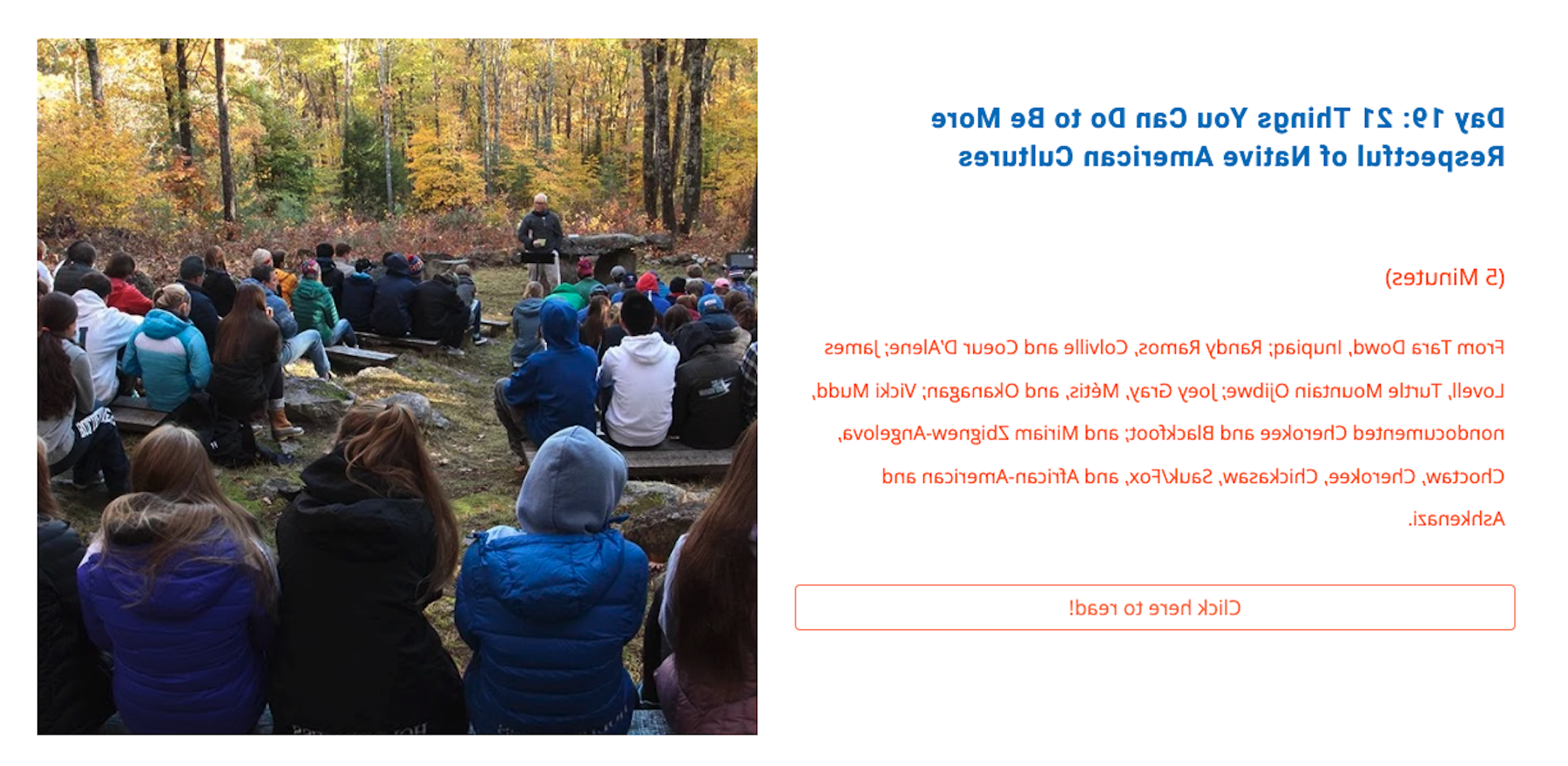 Screenshot of 21-day 股本 challenge website. “第19天:21件你能做的让你更尊重美洲原住民文化的事情”的文字和一张户外教室的照片一起写着. 