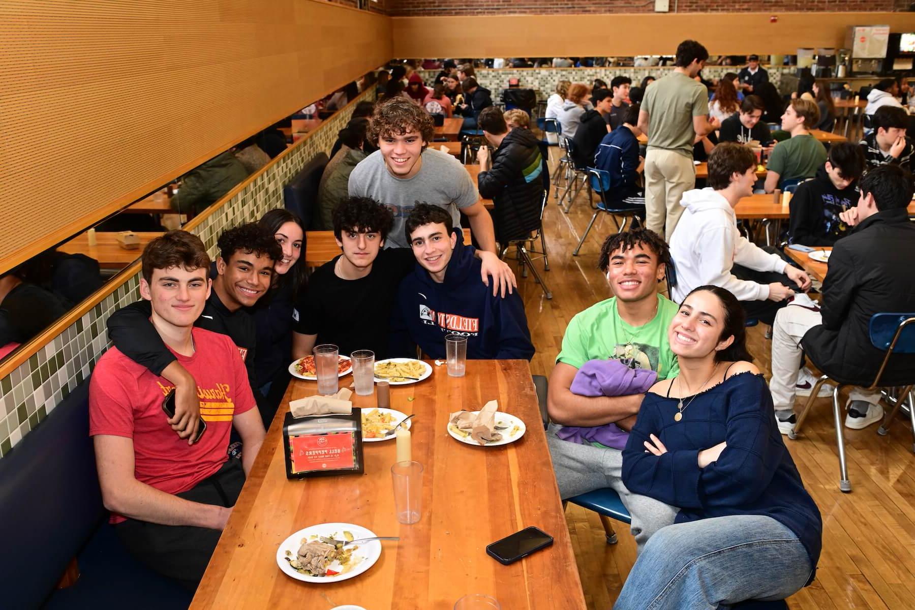Ethical Culture Fieldston School students posing for photo during lunch at Fieldston Upper