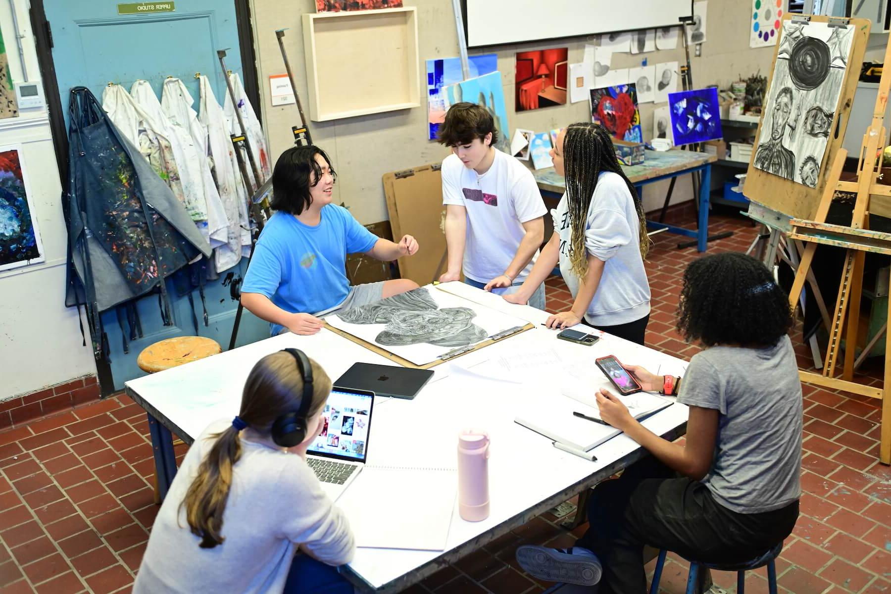 Ethical Culture Fieldston School students working together during visual art class