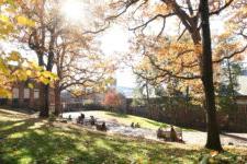菲尔德斯顿四合院的广阔视野，秋天的树叶和远处坐在长凳上的学生.
